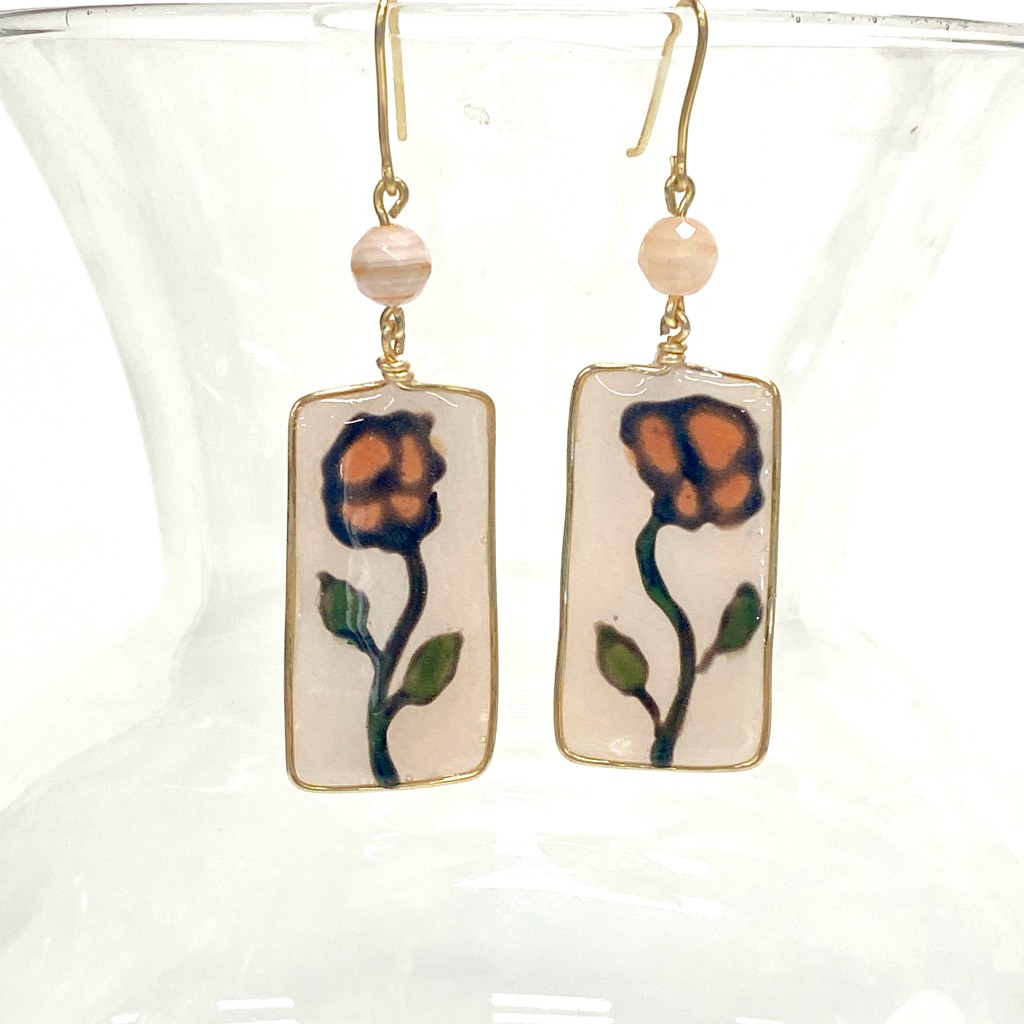 Handmade Floral Resin Art Geometric And Genuine Agatedangle Earrings